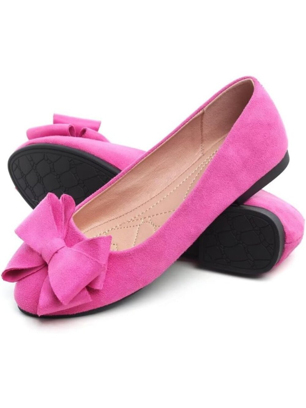 Women's Round Rose Red Suede Fashion Bowknot Flats Comfort Pointed Toe Shoes - Picture 5 of 7